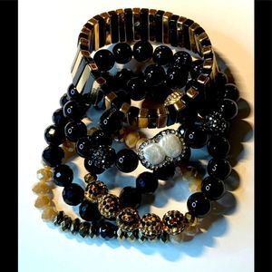 Black 5 bracelet stack, including crystal and pearl bead accents
